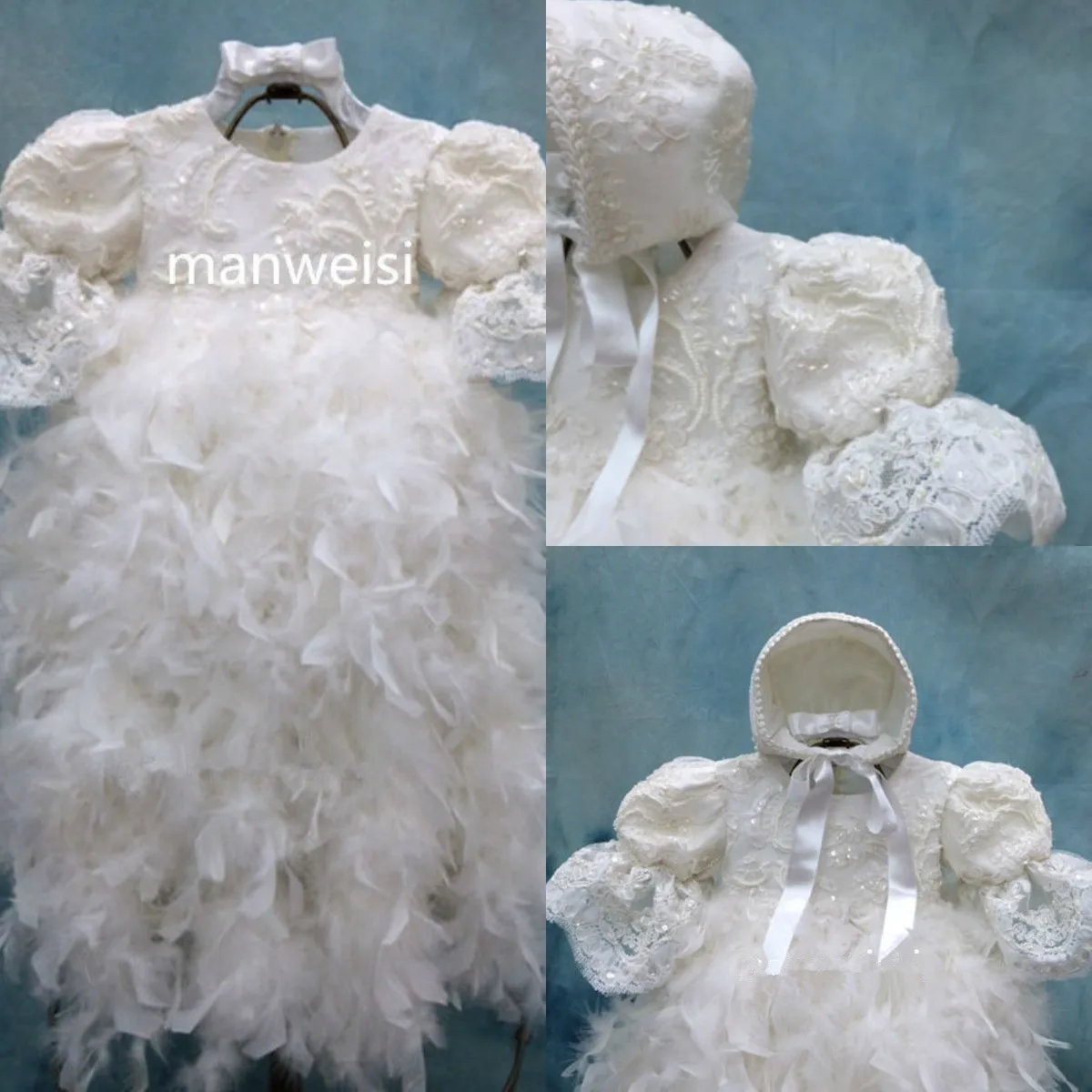 Robes De Baptême De Luxe Paillettes De Plumes Infant Toddler Baptême Bébé Robes Longues Fleur Filles Enfant Première Robe De Communication