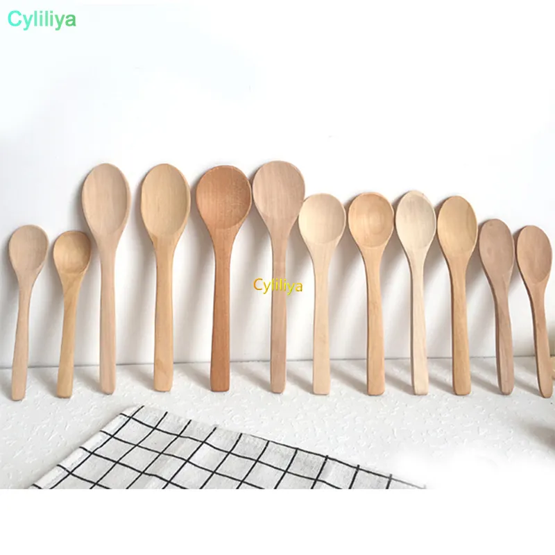 Cucharas de madera pintadas de 15,5x3,7 cm, minicucharas de miel naturales respetuosas con el medio ambiente, minicucharadita de café para cocina, cuchara para sopa para niños