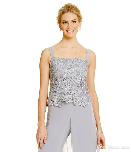 Élégant argent mère de la mariée pantalon costumes grande taille marié mère soirée costume en mousseline de soie pantalon en plein air dentelle mariage Gues309N