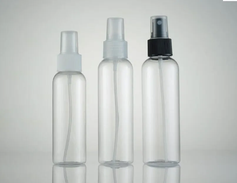 جودة عالية أبيض أسود الخالي 100ML شفاف / 120ML زجاجة رذاذ رأس أبيض يمكن سقي PET البلاستيكية قوارير مستحضرات التجميل زجاجات التعبئة والتغليف