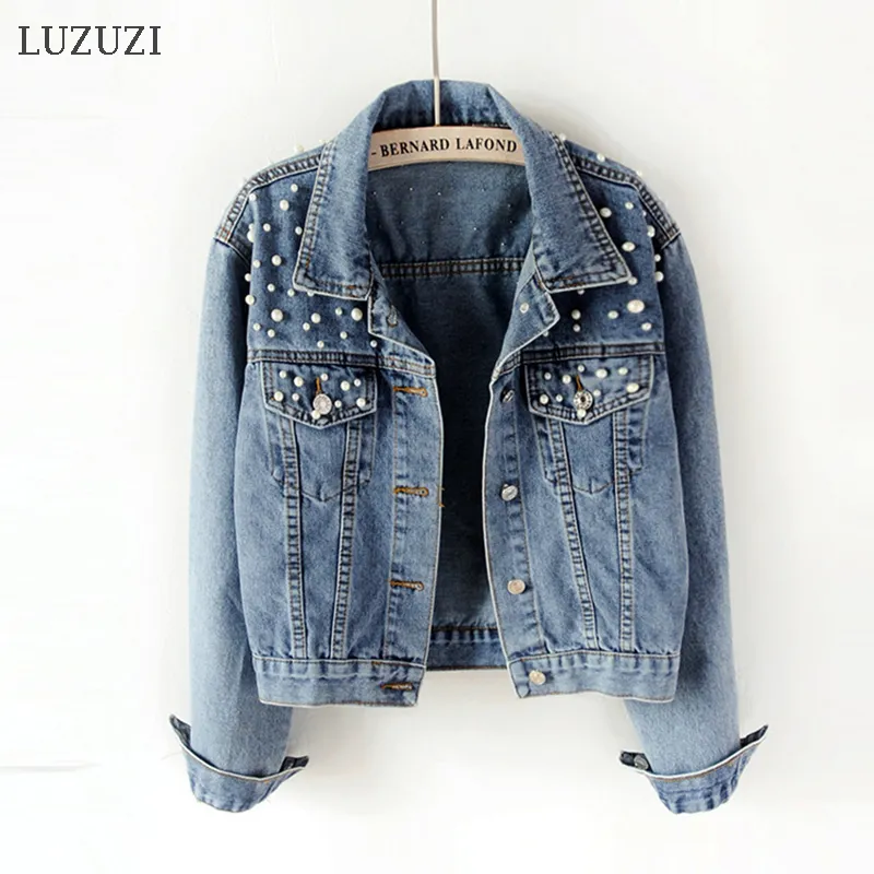 LUZUZI 5XL korte denim jas vrouwelijke ulzzang kralen parel losse dunne casual jeans bomber jas vrouwen lente herfst nieuwe jas cy200515