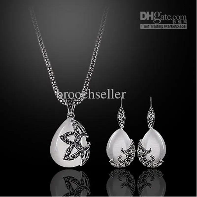 Antique Silver Plated Opal Drop Pendant Necklace and Earrings Jewelry Sets