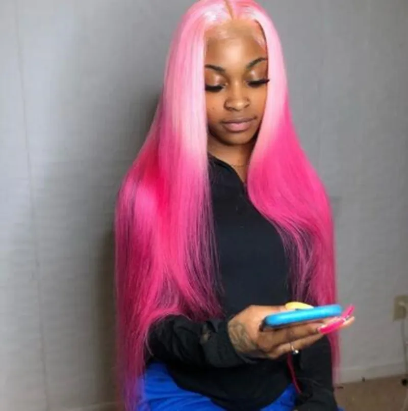 Pre plucked 13x4 lace front wig rose pink straight wig brazilian virgin ombre blue Color