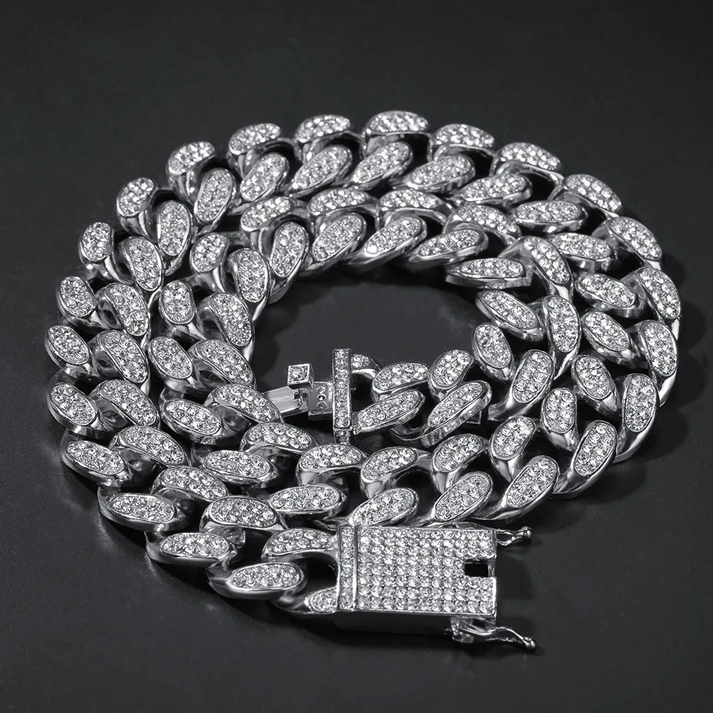 Hip Hop Bling Iced Out 20mm 16-24Inches Heavy Cuban Link Kedja Halsband Guld Silver Smycken För Män