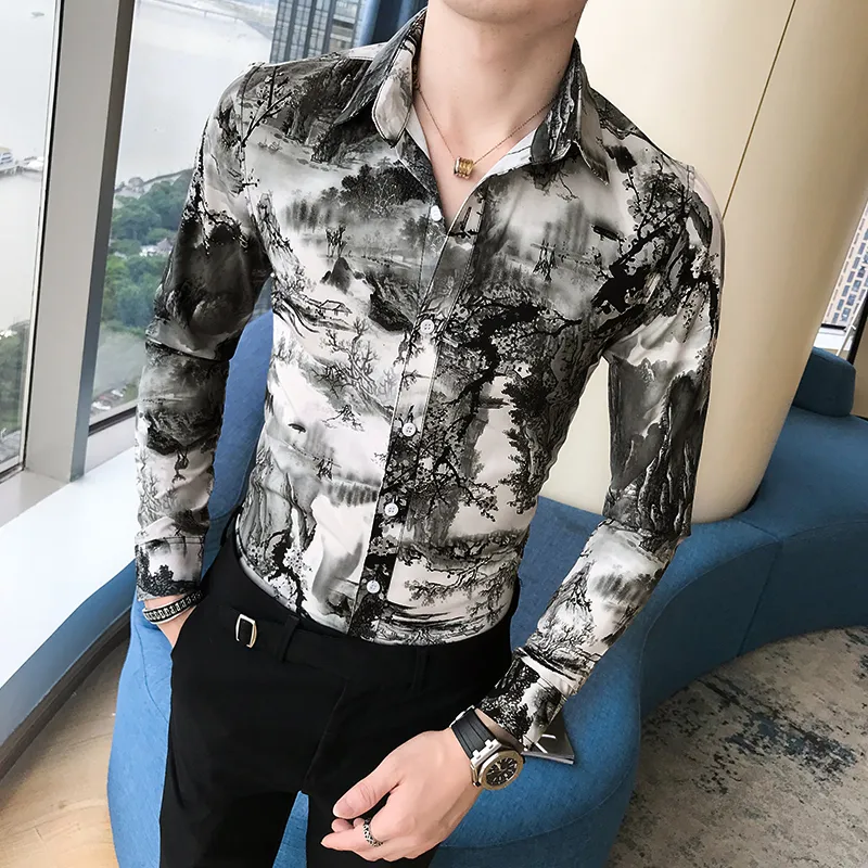 Koreanische Slim Fit Männer Hemd Marke Neue Lange Hülse Druck Herren Casual Shirts Nachtclub/Party/Prom Kleid hemd Männliche Kleidung 3XL-M