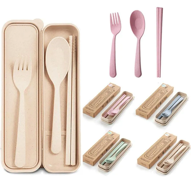 Exquisite Gezondheid Milieu Tarwe Platycodon Straw-bestek Set Draagbare Camping Servies Lepel Fork Chopsticks Camp Kitchen