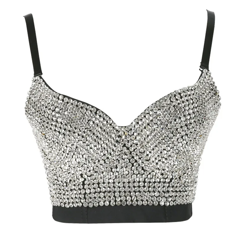 Handmade Silver Rhinestone Crop Top With Diamond Tops And Glitter