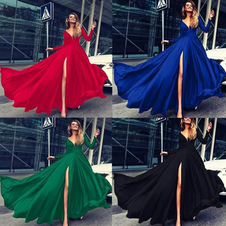 Women Evening Dress Deep V Neck Sweep Train Long Sleeve Dress Party Bridesmaids Femme Solid Maxi Prom Dresses