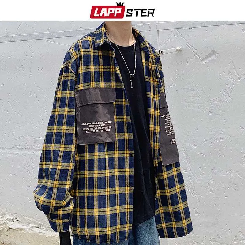 Män streetwear hajuku plaid skjortor fickor 2019 hip hop män skjorta långärmad par svart knäppas upp överdimensionerad skjorta