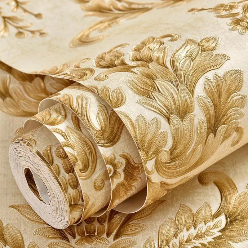 Yazi Embossed 3D Tapety Złoto Papiery Wall Decor Damask Europa Samoprzylepna tapeta na ściany w rolkach Salon