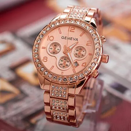 Mulheres relógio de diamante moda marca luxo relógios pulso relogio feminino senhoras ouro aço quartzo relógio geneva relógio casual cristal 279i