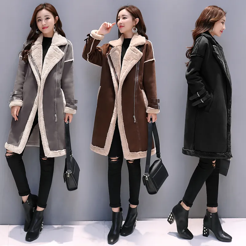 Women s Caramel Faux Suede Winter Coat Long Wool Blend Spliced Turn Down Collar Warm Outwear