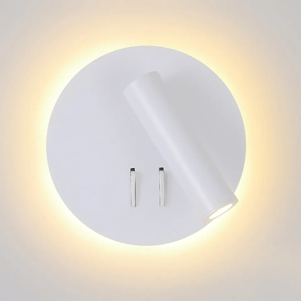 Lámpara de pared LED nórdica con interruptor, foco de 3W, luz de fondo de 6W, candelabro de rotación libre, luz de pared interior para el hogar, luz de noche para dormitorio