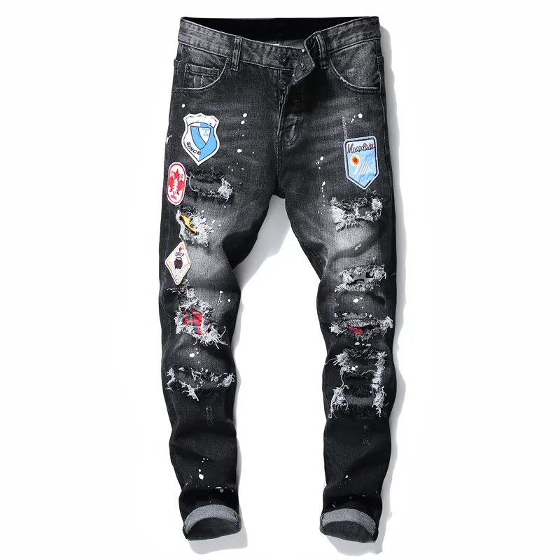 Men Badge Rips Stretch Black Jeans Men's Fashion Slim Fit Washed Motocycle Denim Pants Panelled Hip HOP Trousers 10200