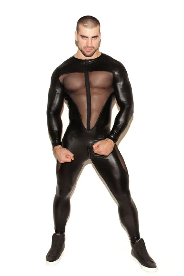 Sexig Mens Lace Leather Catsuit Bodysuit Jumpsuit PVC Club Robot Rompers Costume L972 SMLXLXXL226F