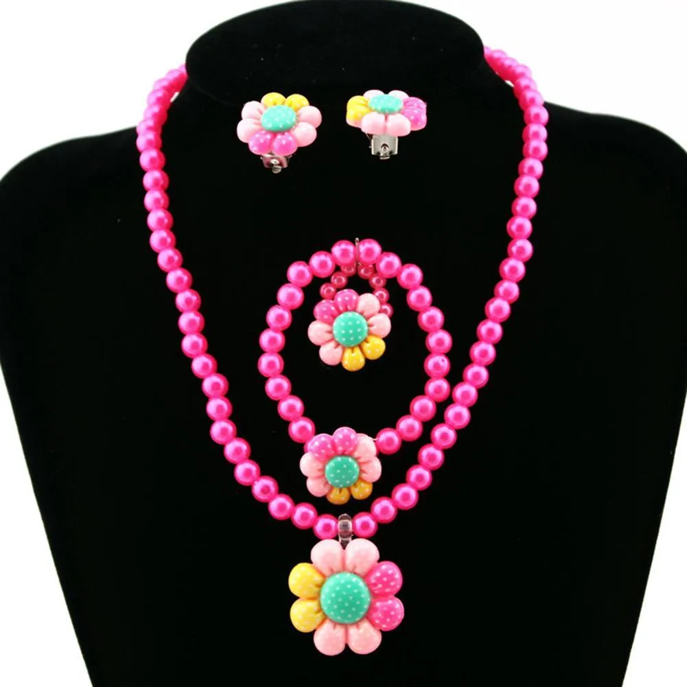 Flor perlas artificiales niños niñas pendientes pulsera collar anillo conjunto de joyas nuevo caliente