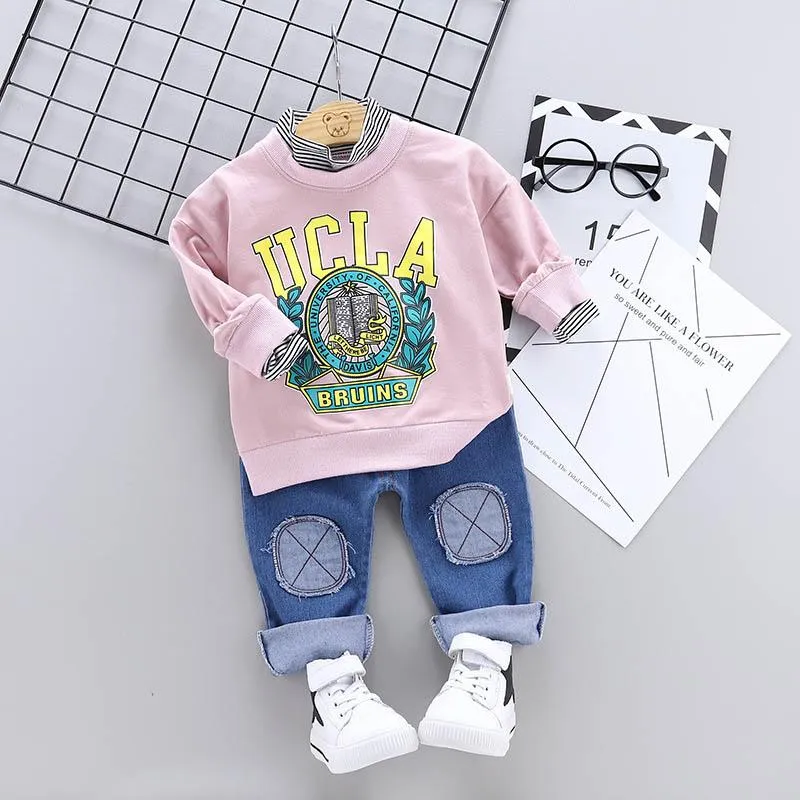 Bebek Erkek Giysileri 2019 Yeni Bebek Takım Elbise Erkek Giyim Setleri Erkek Suits Karikatür Pamuk T Gömlek + Kot Bebek Setleri Yürüyor Giysileri