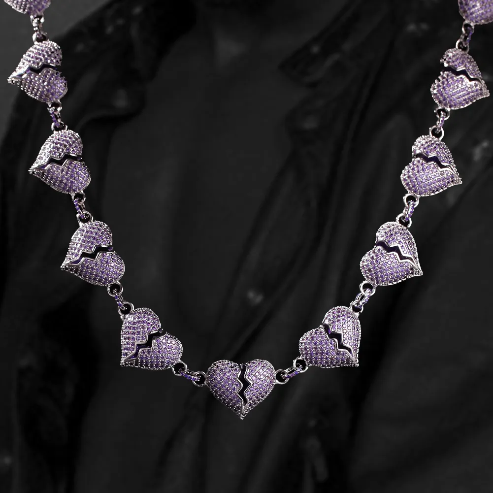 Nouveau mode unisexe violet zircon cubique plaqué or blanc coeur brisé lien chaîne collier personnalisé bijoux cadeaux pour hommes et femmes