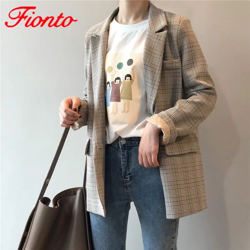 Moda coreana Vintage Plaid Blazer mujer 2019 suelto Casual traje abrigo de un solo pecho Blazer mujer otoño Blazers AN1136