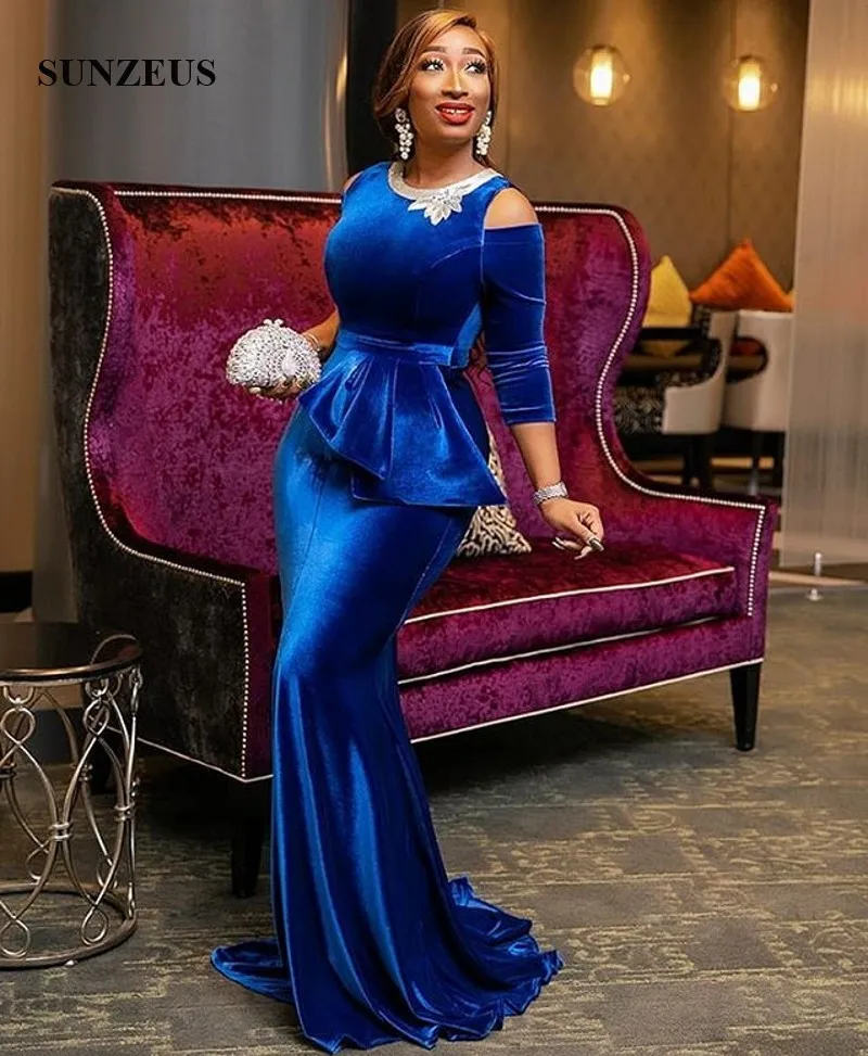 Royal Blue Blue Velvet Evening Dresses With Half Sleeves Sequins Neckline  Mermaid Formal Dress Elegant Party Gowns Women From Sunzeusdress, $156.69