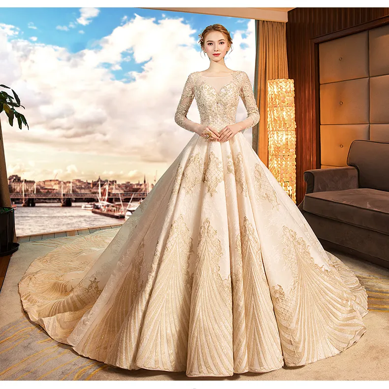 Mingli Tengda Luxus Kathedrale Zug Ballkleid Brautkleider Spitze Perlen Langarm Traum Prinzessin Hochzeit Kleid vestido de novia