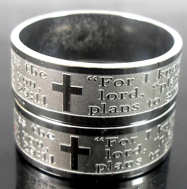 50pcs Etch band Lords Prayer For I know the plans..Jeremiah 2911 English Bible Cross Anneaux en acier inoxydable Vente en gros Bijoux de mode Lots