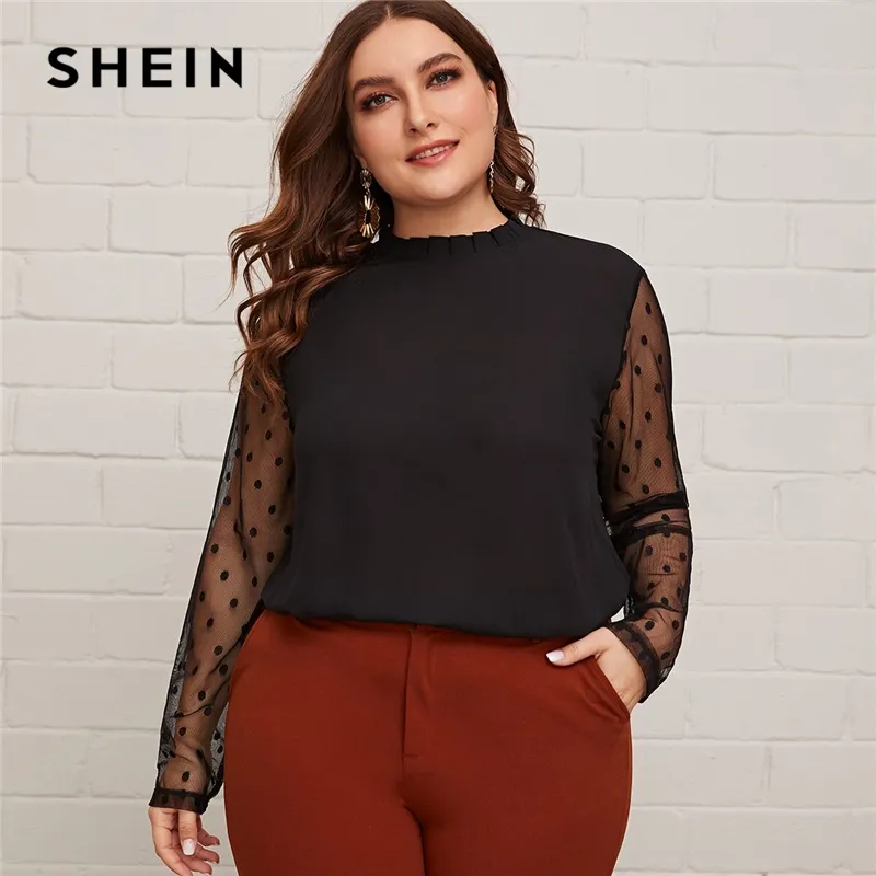 Womens Blouses & Shirts SHEIN Plus Size Black Frill Neck Sheer Dobby Mesh  Sleeve Curved Hem Blouse Women Office Lady Elegant Tops And From 24 €