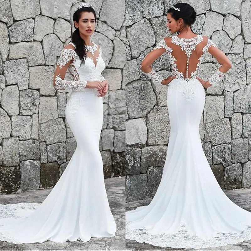 Robe de mariée sirène en dentelle africaine de luxe pure cou Appliques manches longues robes de mariée grandes tailles sur mesure