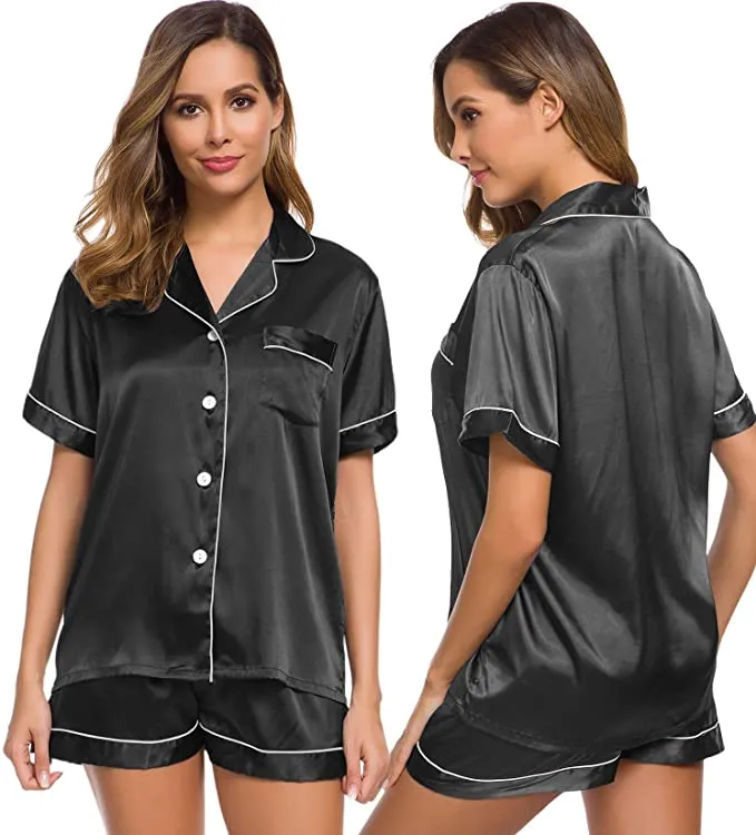 Summer Sexy Women Lenceria Silk Satin Pamas Set Two-Piece Sleepwear Nightwear Loungewear Button-Down PJ SETS