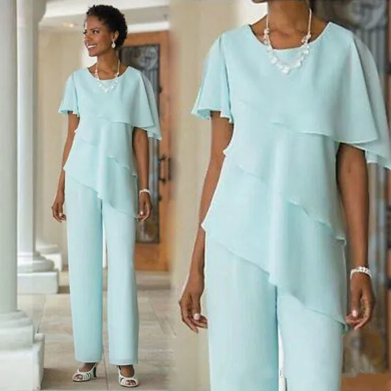 Modest Two Pieces Sage Chiffon Mother Of The Bride Pant Suits