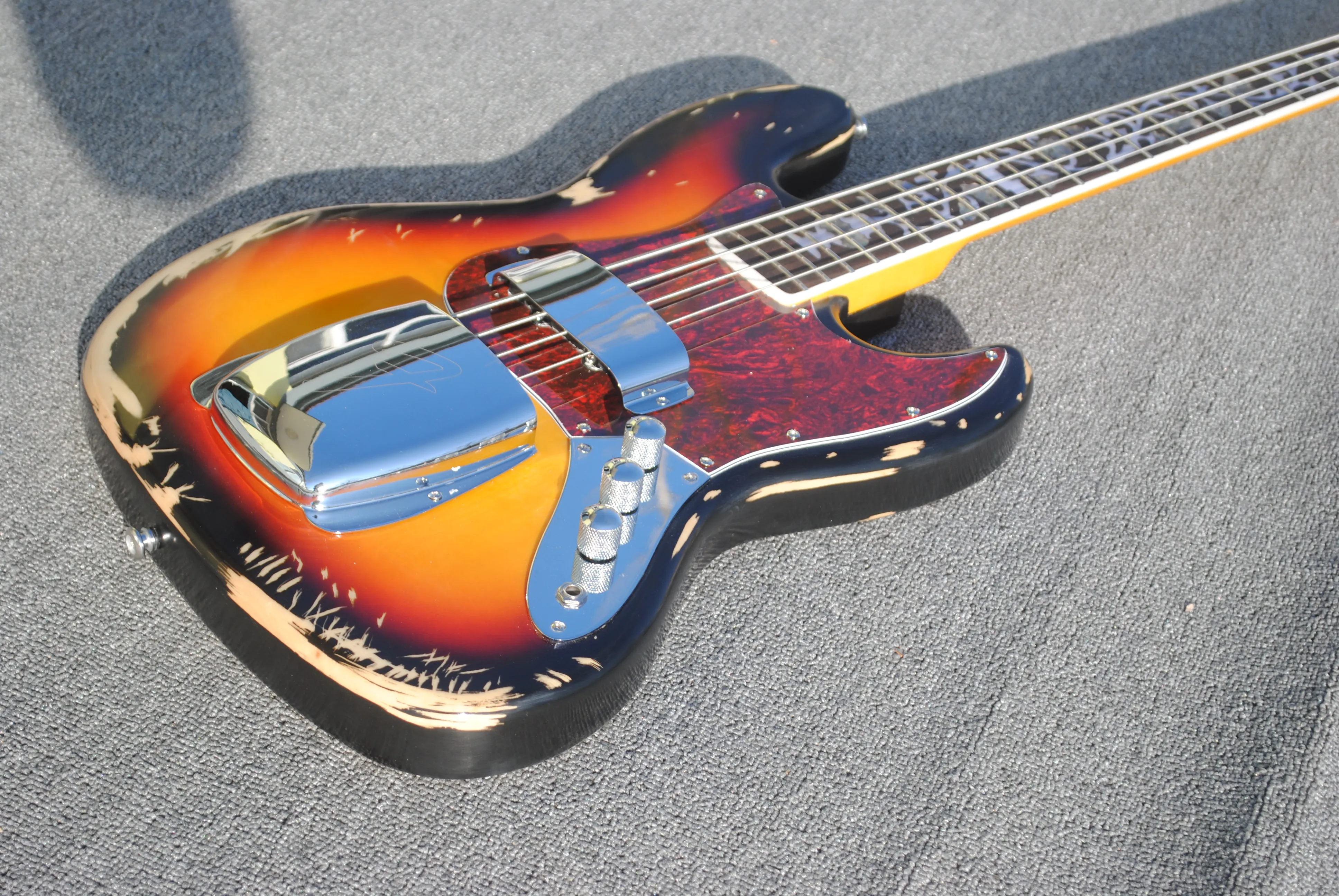 Custom Shop Heavy Relic Sunburst Marcus Miller 4 String Jazz Electric Bass Guitar Big Bridge Cover, White Pearl Tree of Life Vine Inlay