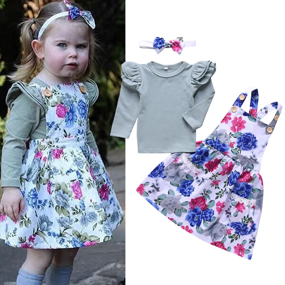 2019 baby filles robe de suspensaire costumes 3pcs ensembles (tshirt à manches volantes + robe florale + bandeaux d'arc) mignon bébé pour enfants vêtements pour enfants vêtements