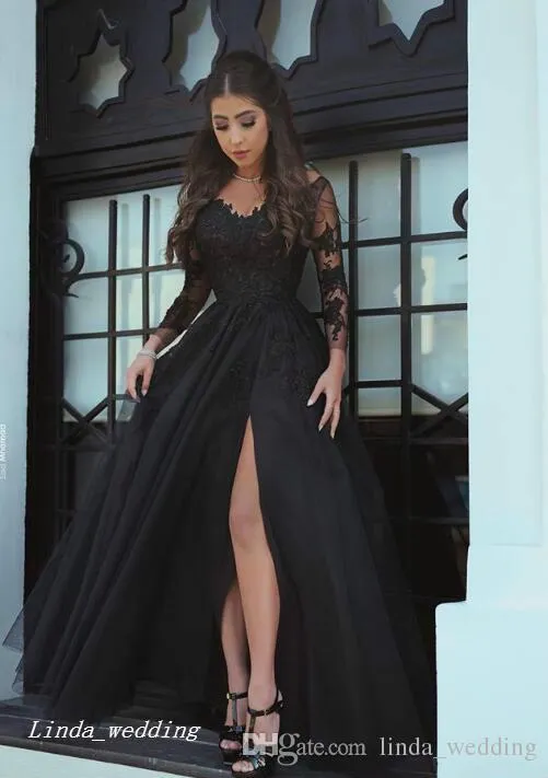 2019 Moderne Lange Mouwen Avondjurk Bescheiden Ding-High Split Chiffon A Line Black Formal Party Gown Custom Made Plus Size