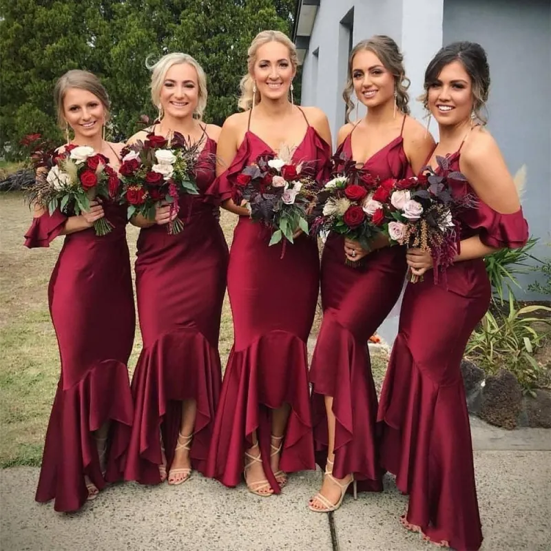 Vintage Off Shoulder Burgundy Mermaid Bridesmaid Dresses Hi Lo Formal Evening Gowns