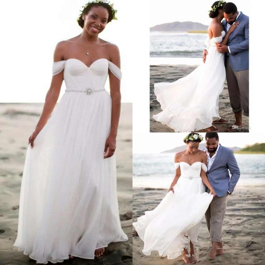 Beach Dresses Elegant A Line Off the Shoulder Crystals Beaded Waist Pleats Ruched Chiffon Custom Made Wedding Gown Vestido De Novia