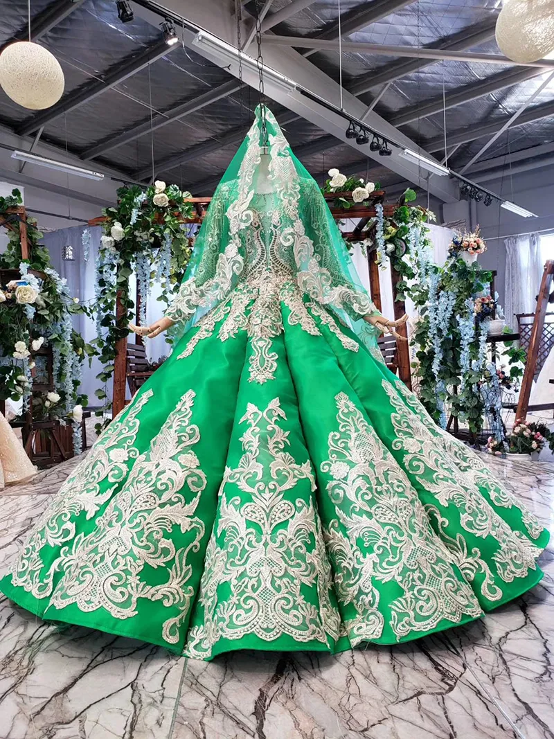 green emerald velvet dress GRETA / Green Wedding Dress with Colored Flower Applique