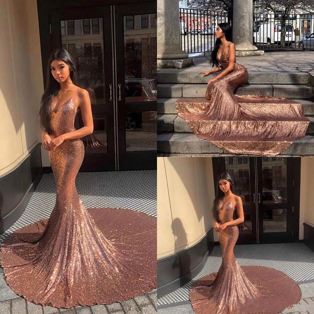 2023 Prom Dresses Sexy Bling Rose Gold Sequined Mermaid Spaghetti Sleeveless Backless Sweep Train Formal Party Dress Pageant Evening Gowns