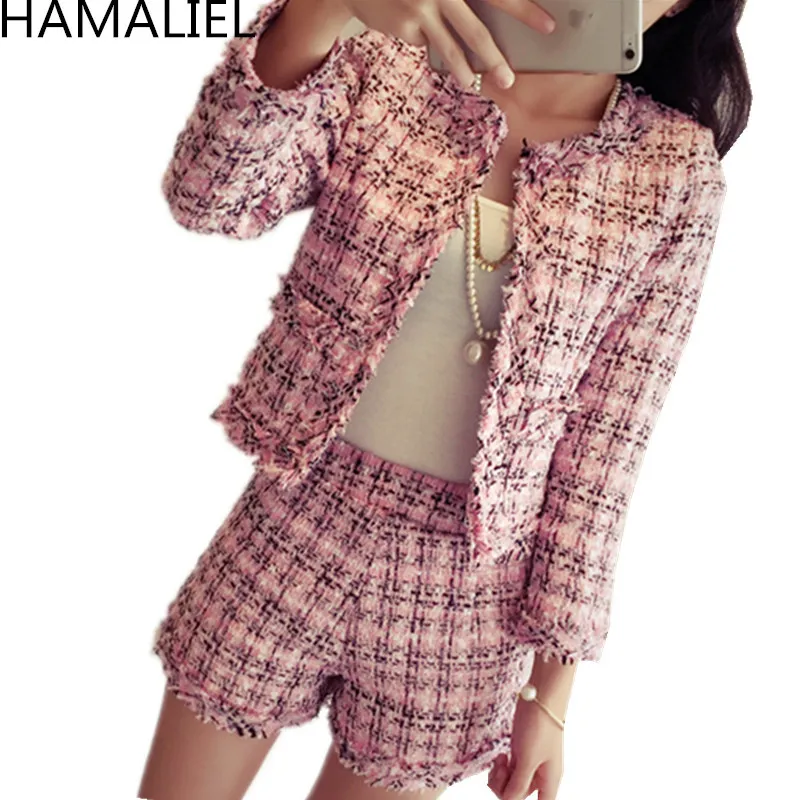 Hamaliel S-XXLプラスサイズ秋冬女性Tweed 2ピースセット2019ファッションスリムピンクチェック柄タッセルジャケットコート+ショートスーツY200110