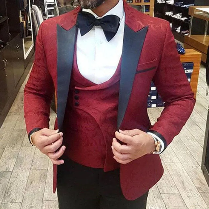 Summer Burgundy Mens garnits trzy sztuki Slim Fit Groom Tuxedos Suits Wedding Formal Office Blazer Jacket Pants