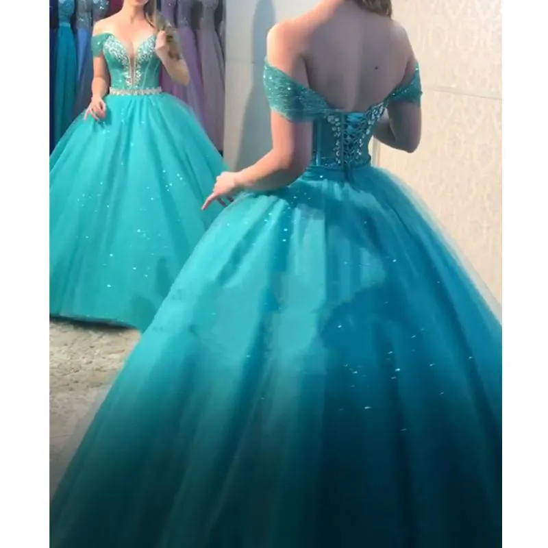 Princess Turquoise Ball Gown Quinceanera Dresses With Overskirt Off Shoulder Crystal Beads Long Formal Evening Party Gowns for Swe249a