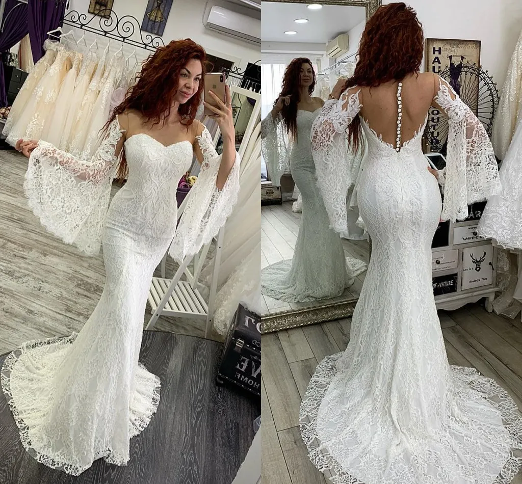 2019 Nuevos vestidos de novia de sirena Vestidos de novia de novia Apliques de encaje Sin espalda Vestido de novia ajustado