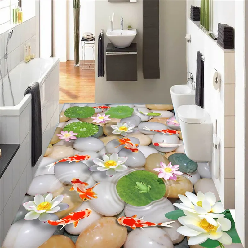 Lotus carpa floor mural HD Flores impermeável banheiro cozinha PVC papel de parede auto-adesivo adesivo de parede pintura de piso