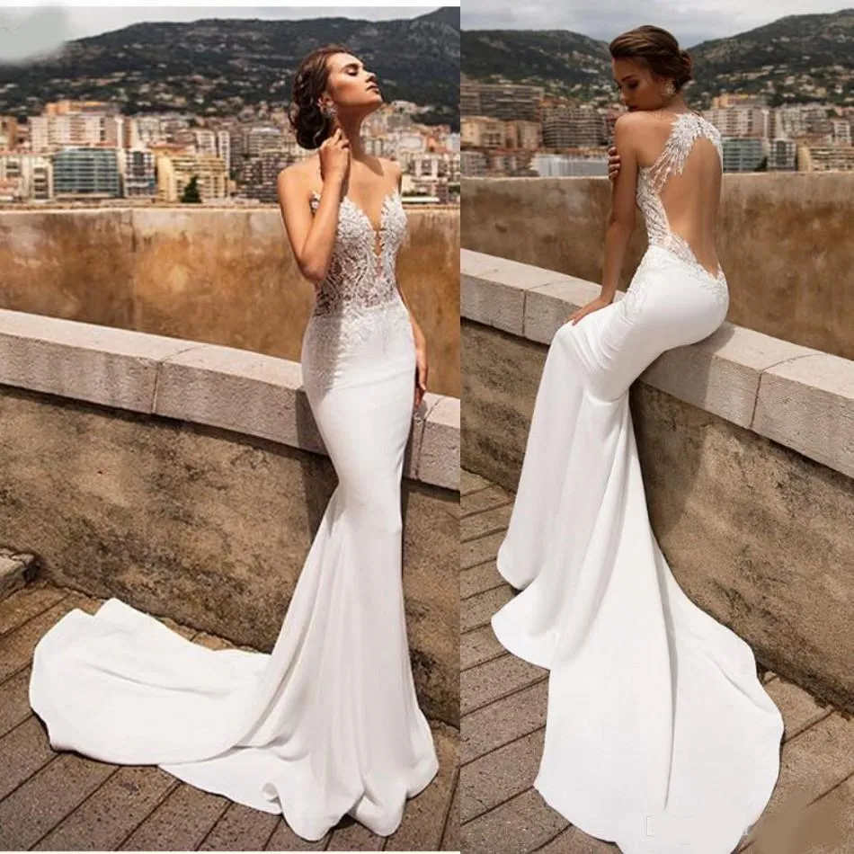 Sexy Zeemeermin Trouwjurken Backless Kant V-hals Geappliceerd Hof Trein Trouwjurk Bruidsjurken robe de mari￩e vestidos de noiva