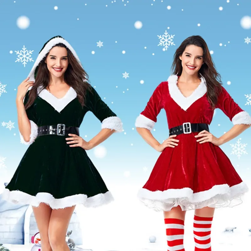 Frau Santa Erwachsene Frauen Weihnachtskostüm Halbarm Kapuze V-Ausschnitt Ballkleid A-Linie Minikleid mit weißem Fuzzy Trim Gürtel Set Cosplay S-XL