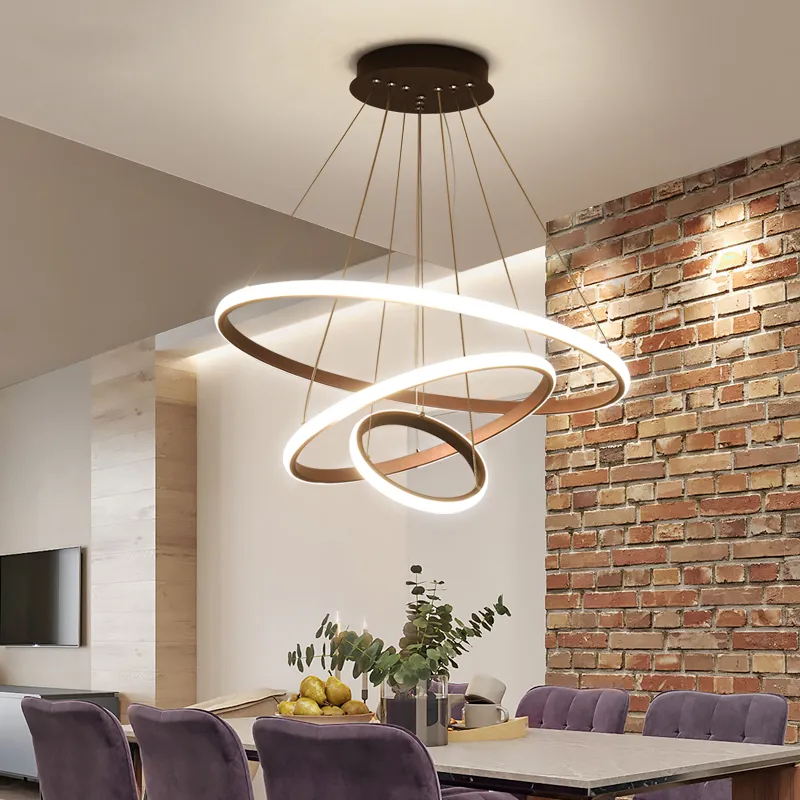 Lampes suspendues LED modernes en aluminium, couleur noir/blanc/café, pour salon, salle à manger, anneaux circulaires