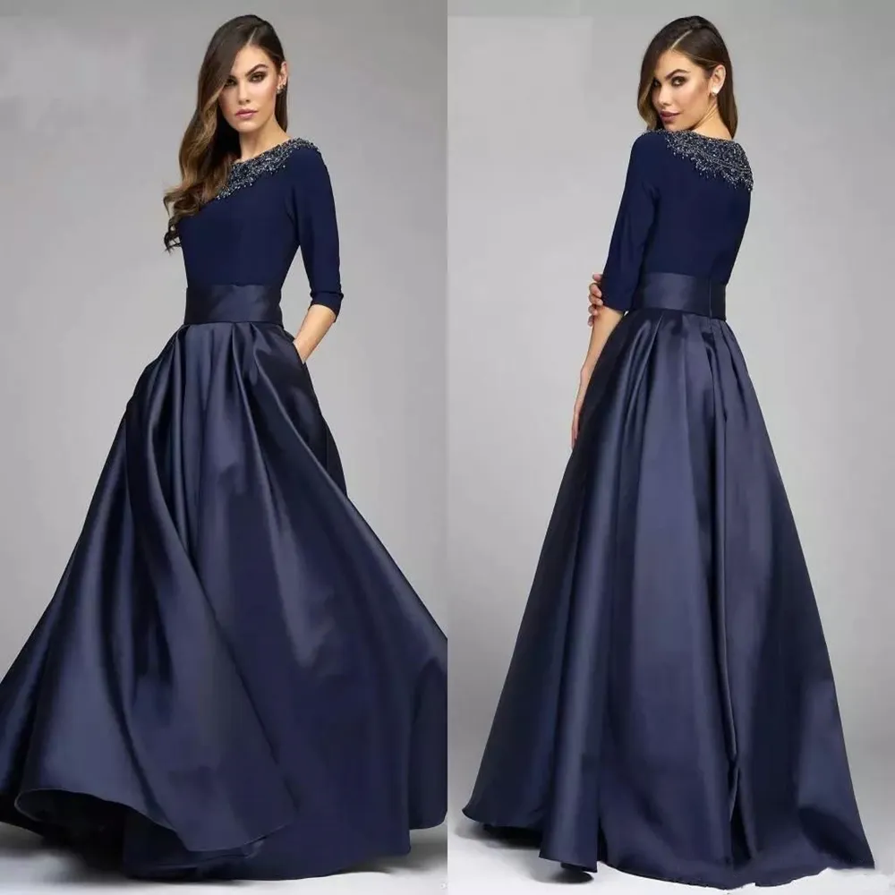 하프 슬리브 파란색 긴 저녁 정식 드레스 맞춤 제작 어머니의 드레스와 신부 신랑 드레스의 빈티지 해군 A 라인 어머니