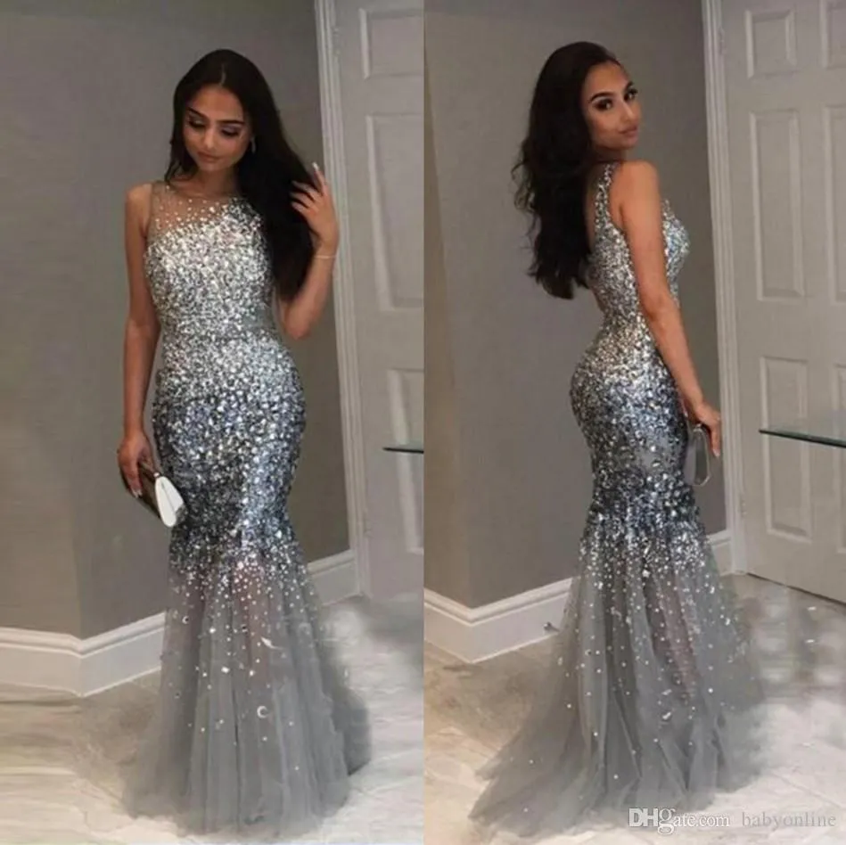 African Sexy Sheer Neck Mermaid Evening Dresses Beaded Crystals Floor Length Prom Dress Evening Gowns Abendkleider robes de soirée