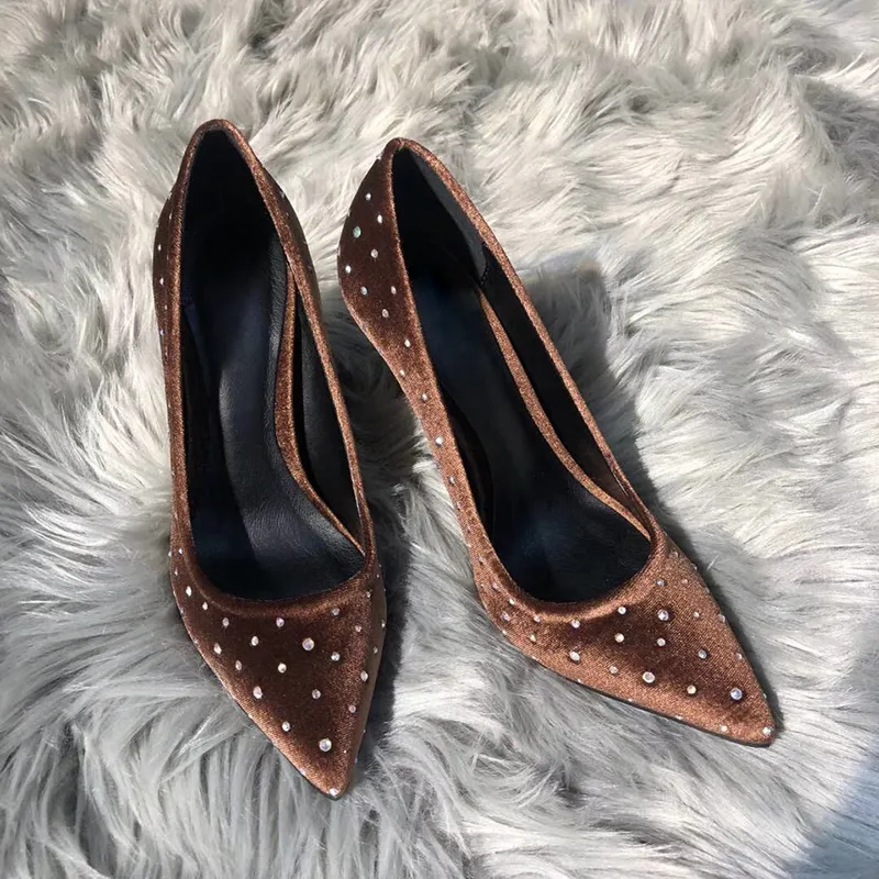 Brown Diamond Dress Shoes Women High Heel Pointed Slip On Shoes Classic Stiletto Heel Party
