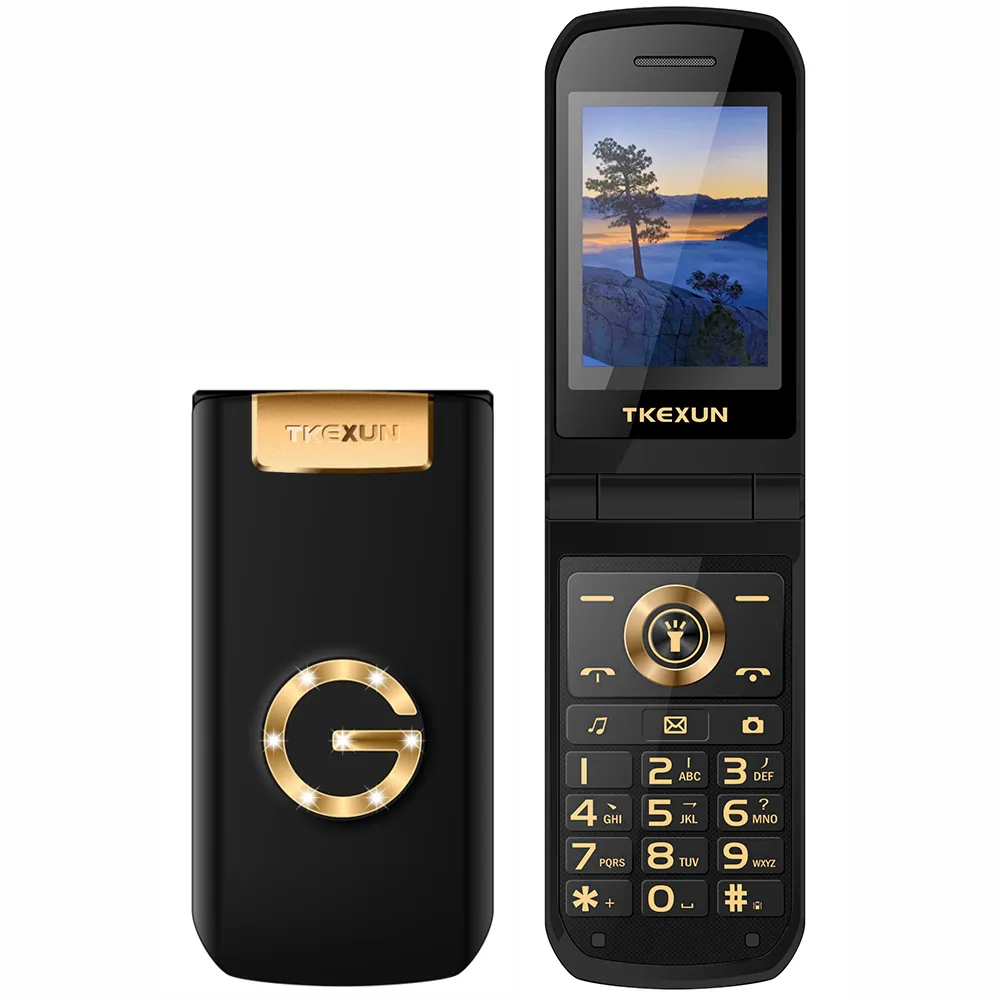 Luxuriöses Flip-Handy mit 2,4-Zoll-Bildschirm und Metallgehäuse, Dual-SIM-Karte, MP3-FM, goldenes Mobiltelefon, große Tastatur, Buchstabe, Lautsprecher, Mobiltelefon