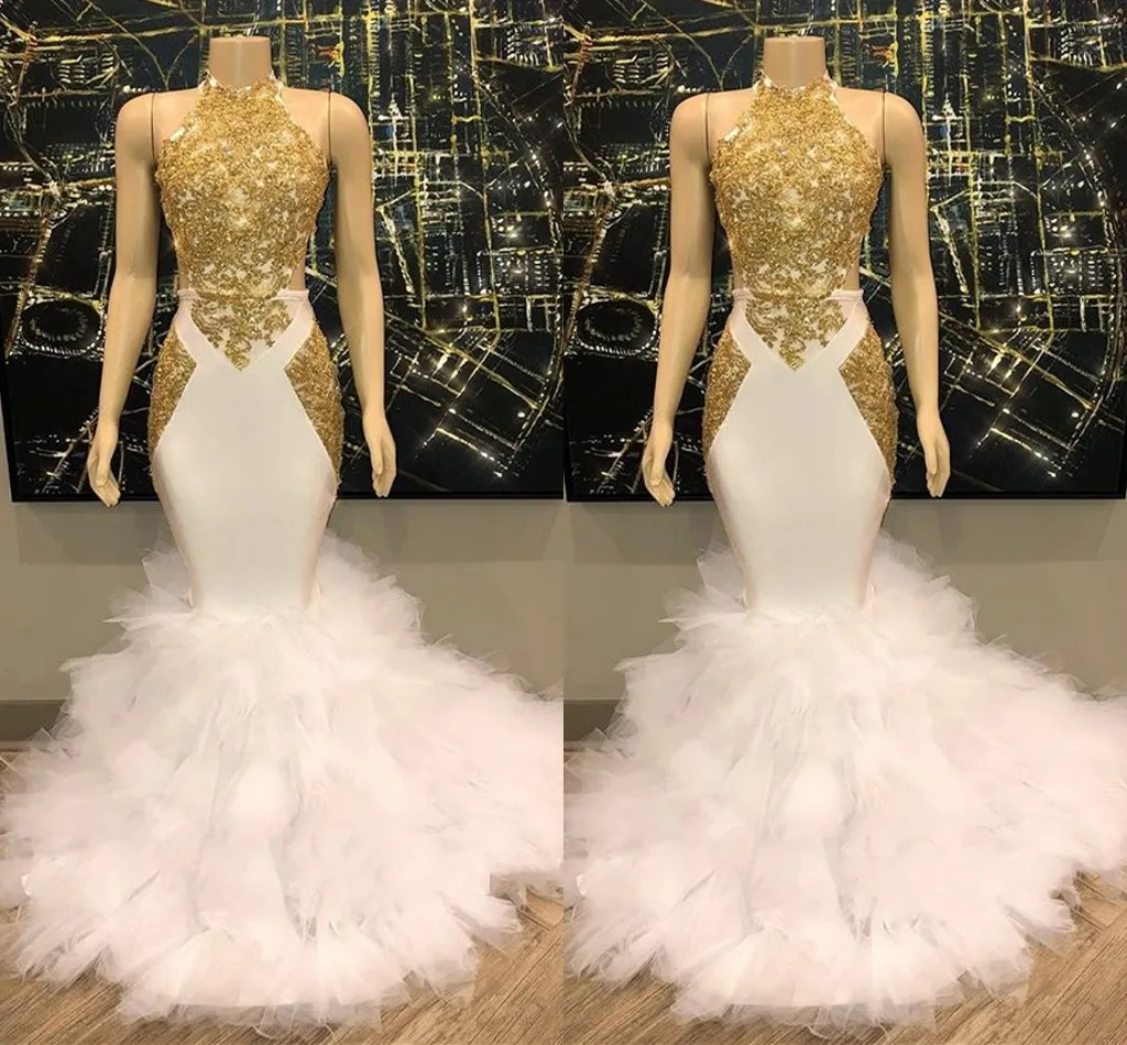 Magnifique robe de bal dorée et blanche, col licou, style sirène, longue, bas avec volants en Tulle, robes de soirée, 2019, 179P